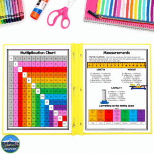 Reference sheets placed inside privacy folders, student binders, or math journals give your students quick access to important information like multiplication charts, fraction models, geometry vocabulary, measurement references, and other math supports.