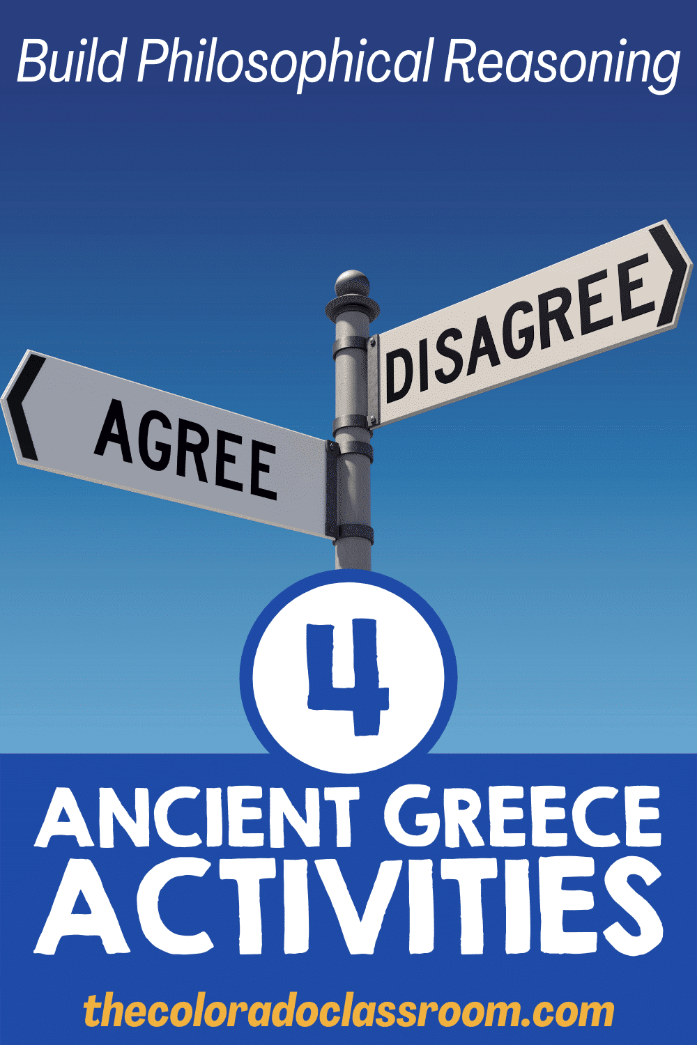 A sign post with Agree pointing one way and Disagree pointing in the opposite direction. "Build Philosophical Reasoning" at the top of a blue background, with "4 Ancient Greece Activities" towards the bottom. A website, "thecoloradoclassroom.com" is at the very bottom in gold.