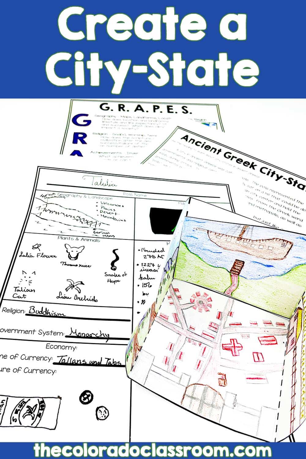 Four pages of a city-state activity laid out with a city-state foldable craftivity on top.