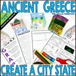 Ancient Greece City-State lesson with foldable city-state templates, a reading passage, G.R.A.P.E.S. mnemonic, and more