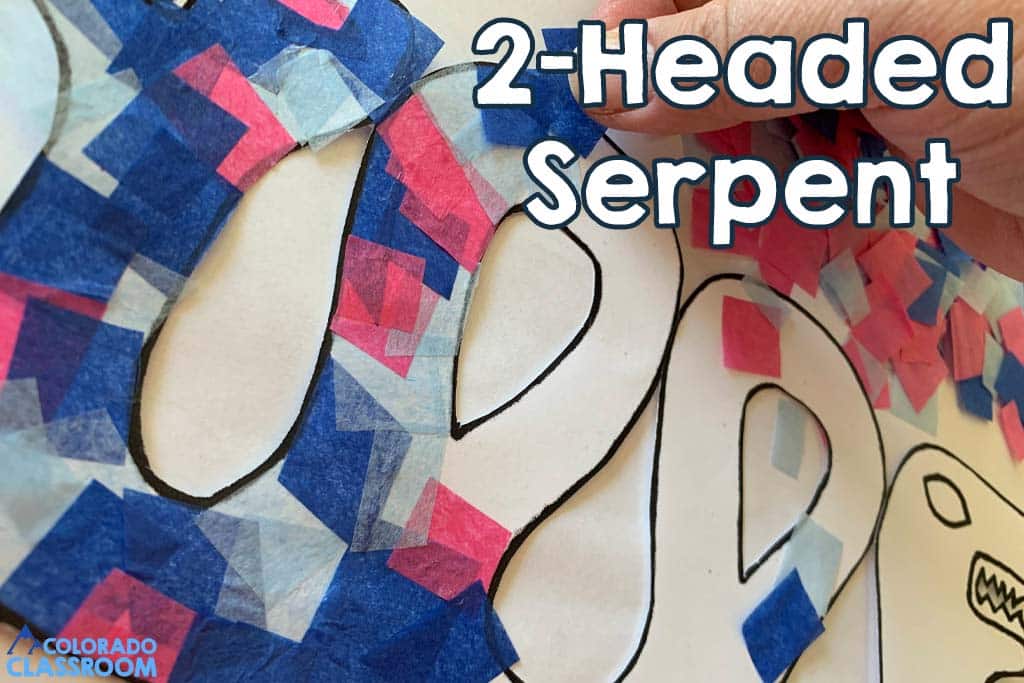 Create a 2-Headed Serpent with five, free craft items on the Aztecs. Two-headed serpent covered in colorful small tissue paper squares.