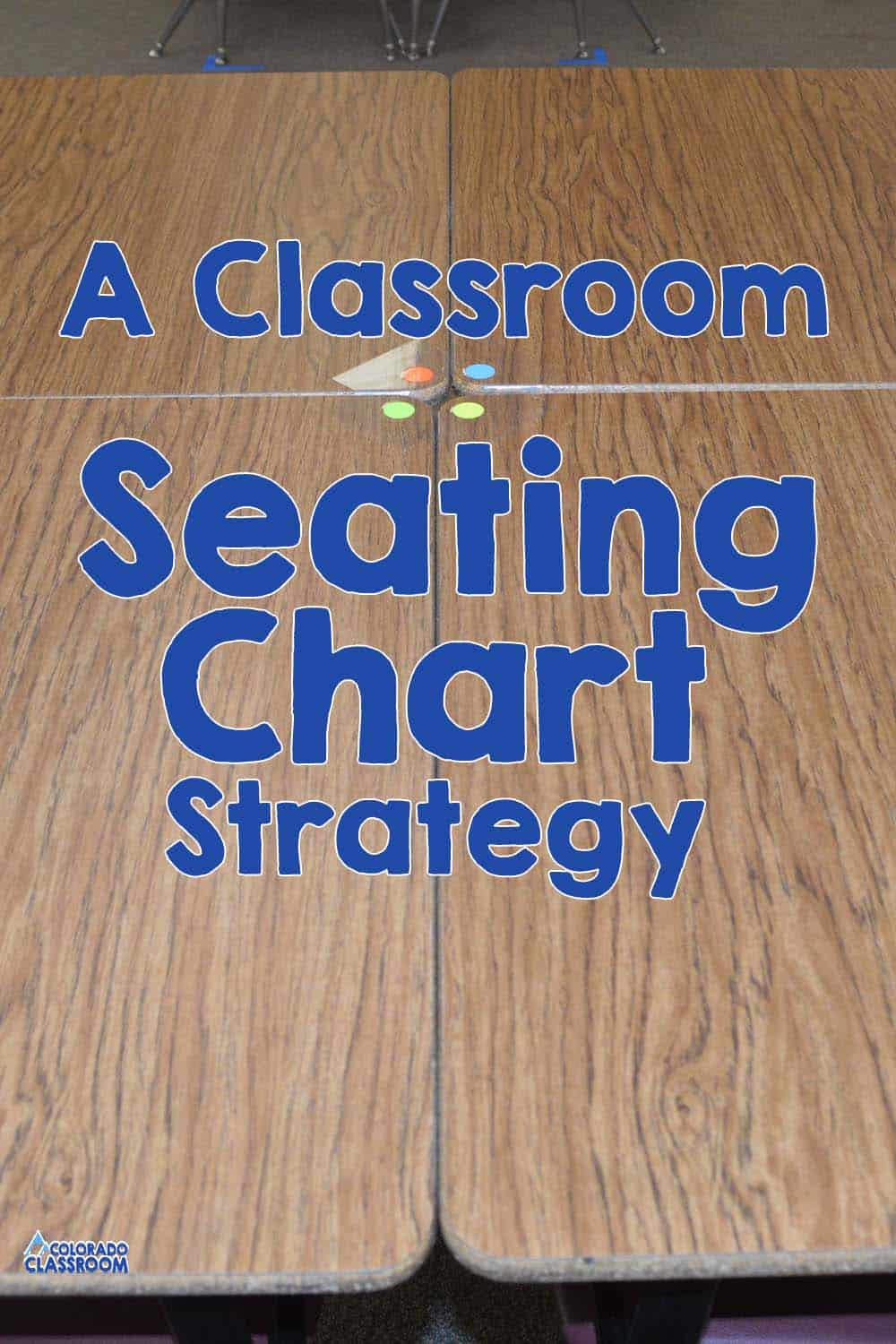 A Classroom Seating Strategy - Four desks positioned in a pod with four stickers in the center, each a different color, to help with grouping.