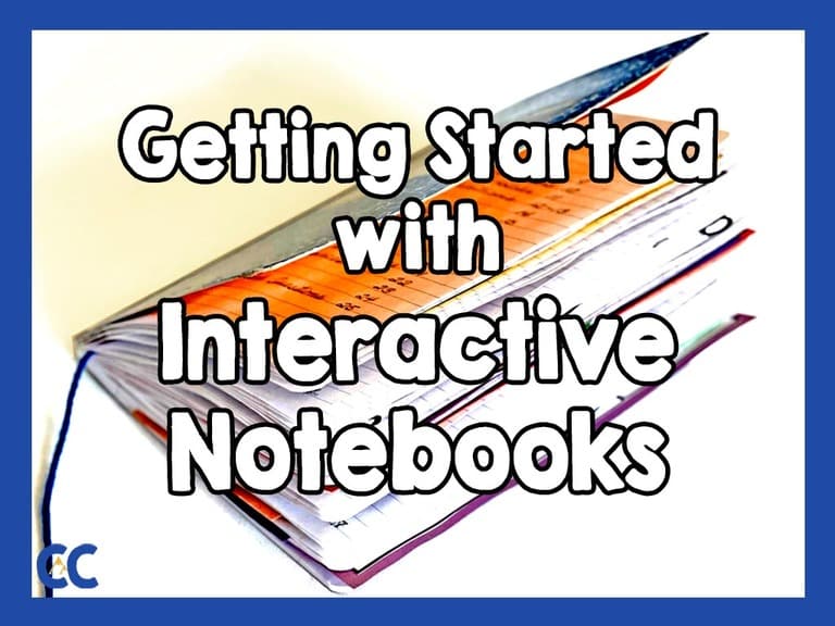 A full, bulging interactive notebook with a string for a bookmark, laying on a white surface, with the text "Getting Started with Interactive Notebooks" on top and The Colorado Classroom logo in the bottom left corner.