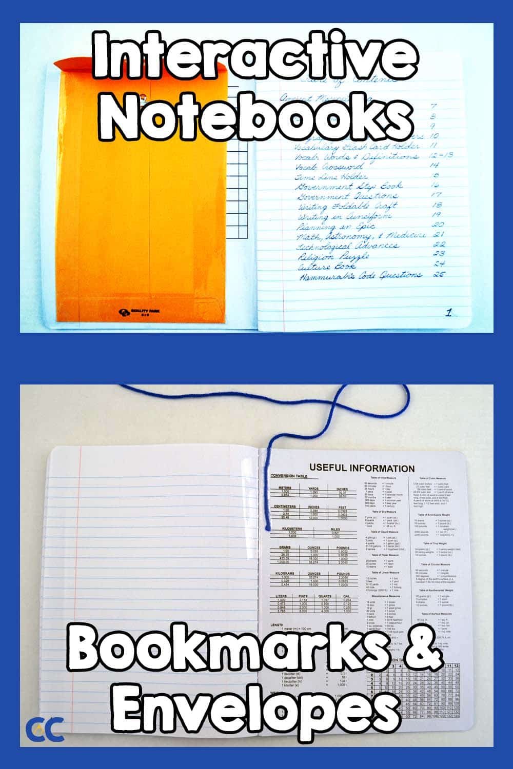 Two interactive notebooks open to different pages to show off the envelope at the front and the bookmark at the back.