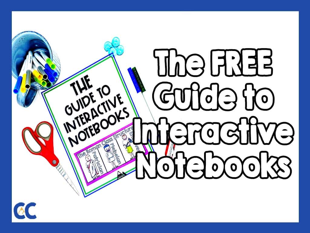 The Guide to Interactive Notebooks is on a white surface with a mug of pens, scissors, pens, glue, and stylized polished rocks all staged around it. On top are the words, "The FREE Guide to Interactive Notebooks." The Colorado Classroom logo is in the bottom left corner.