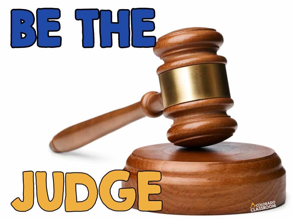 A gavel and the text "Be the Judge" with the logo "Colorado Classroom" on the side.