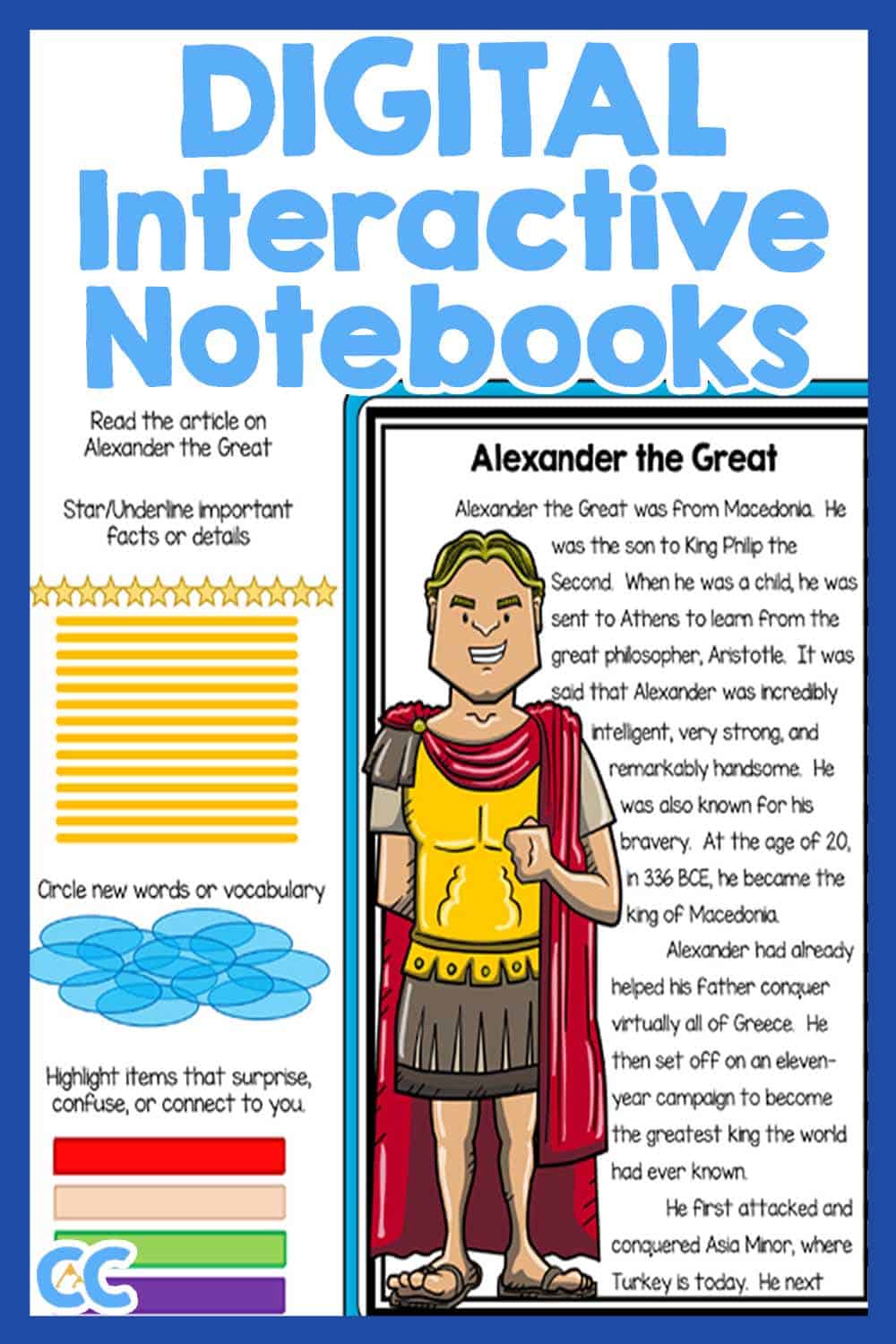 Digital Interactive Notebooks features a page from Alexander the Great with a reading and annotation tools in bright and bold colors.