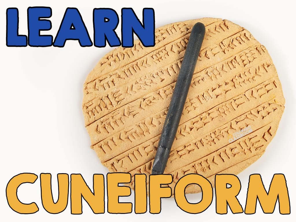 A clay tablet with a stylus on top and cuneiform writing embedded into the clay. The text "Learn Cuneiform" is on top, and the logo "Colorado Classroom" is on the image as well.