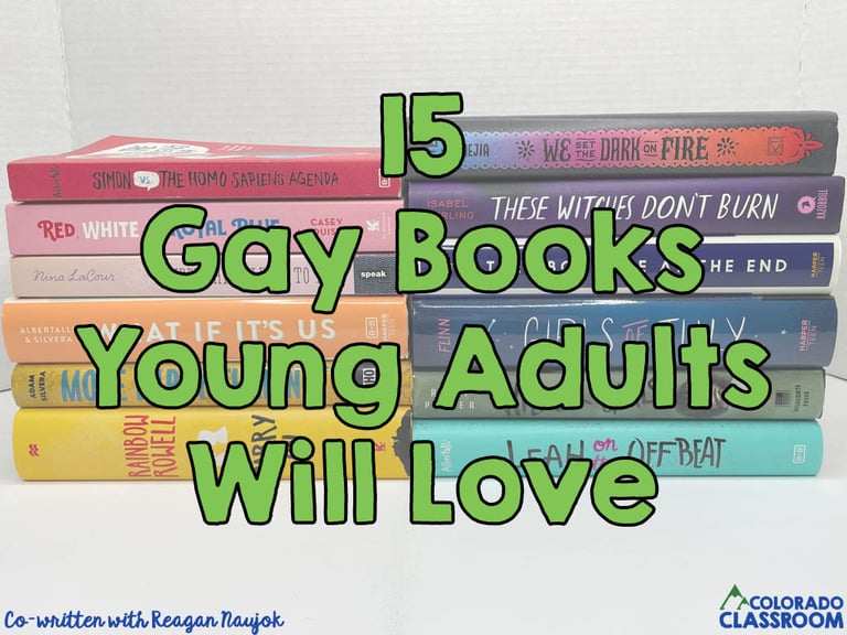 The spines of 12 young adult gay literature books are facing outwards on a white background, with the text on top which reads "15 Gay Books Young Adults Will Love."