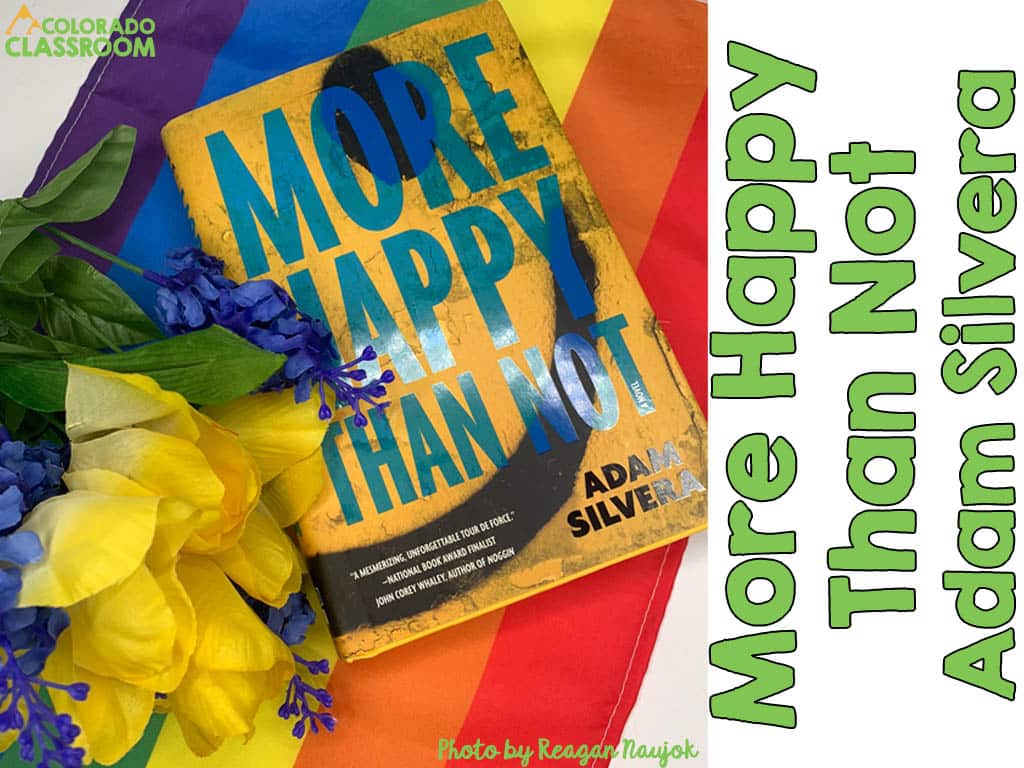 A book, More Happy Than Not, in a stylized pose with a gay Pride flag, and a group of yellow and purple silk flowers.