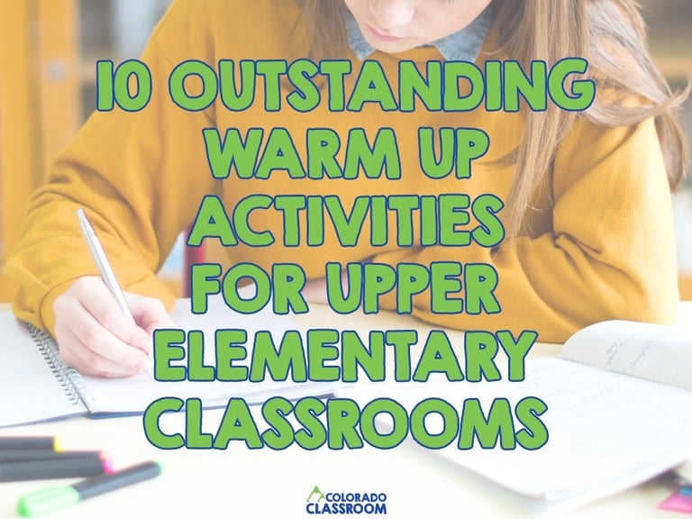 A girl in a yellow sweater working in a notebook with the text "10 Outstanding Warm Up Activities for Upper Elementary Classrooms" overlaid on top.