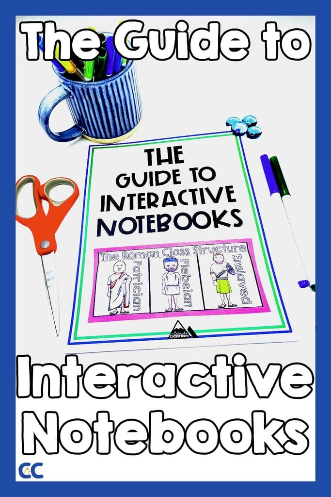 The Guide to Interactive Notebooks is on a white surface with a mug of pens, scissors, pens, glue, and stylized polished rocks all staged around it. On top are the words, "The Guide to Interactive Notebooks." The Colorado Classroom logo is in the bottom left corner.