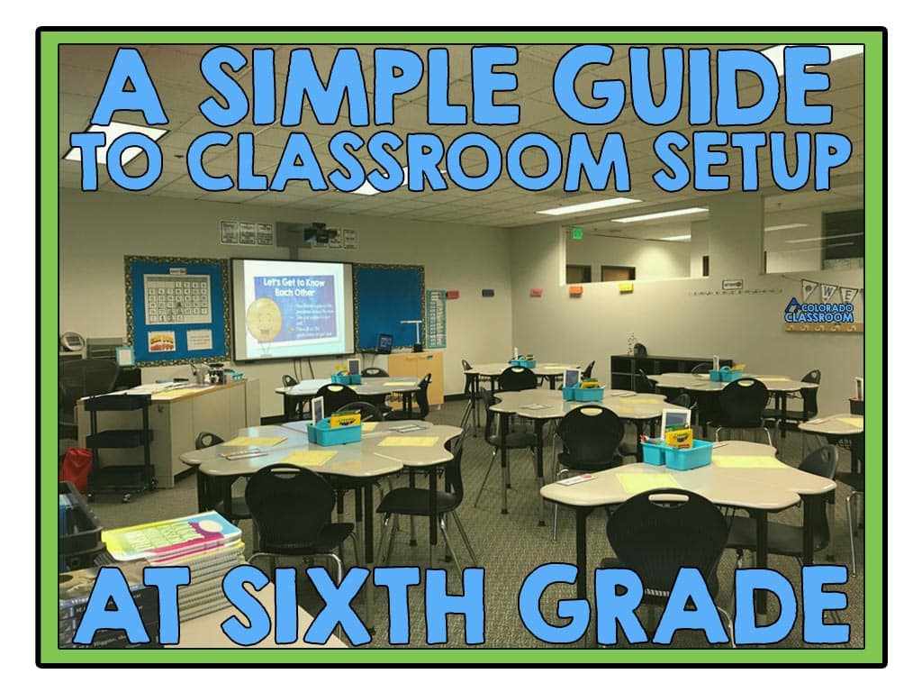 A picture of a classroom setup at the beginning of the year with the text, "A Simple Guide to Classroom Setup at Sixth Grade" on top of the picture.