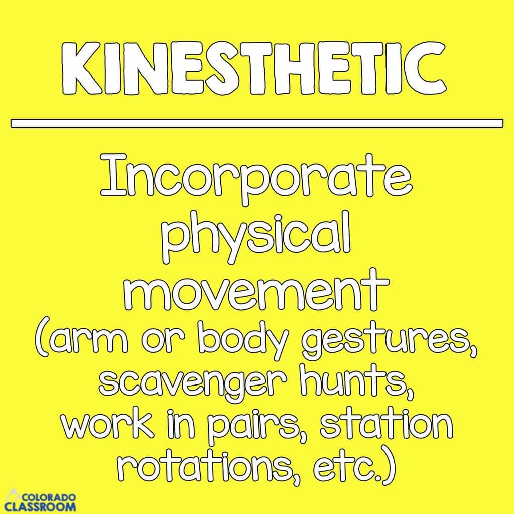 Kinesthetic Students - Incorporate physical movement (arm or body gestures, scavenger hunts, work in pairs, station rotations, etc.)