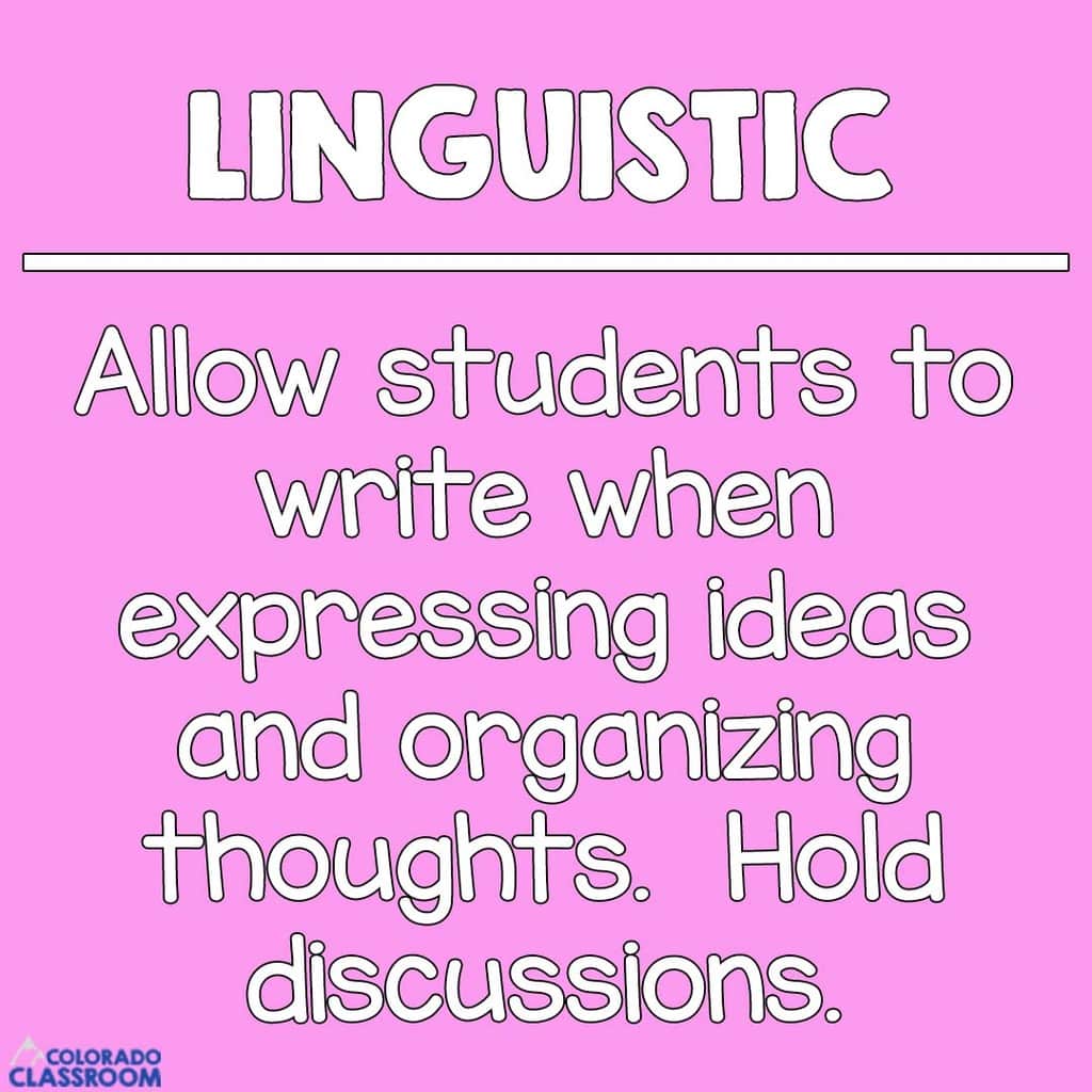Linguistic Students - Allow students to write when expressing ideas and organizing thoughts. Hold discussions.