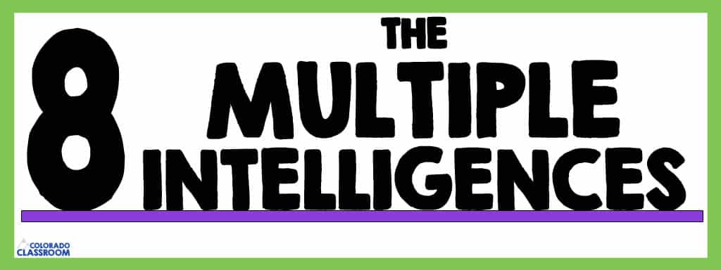 "The 8 Multiple Intelligences" as a text header inside a lime green frame and with a purple underline. Other text includes "Colorado Classroom" logo.