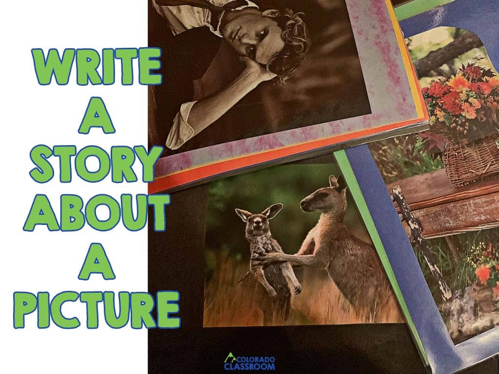 Three photographs laminated on construction paper with the text "Write a story about a picture" on top.