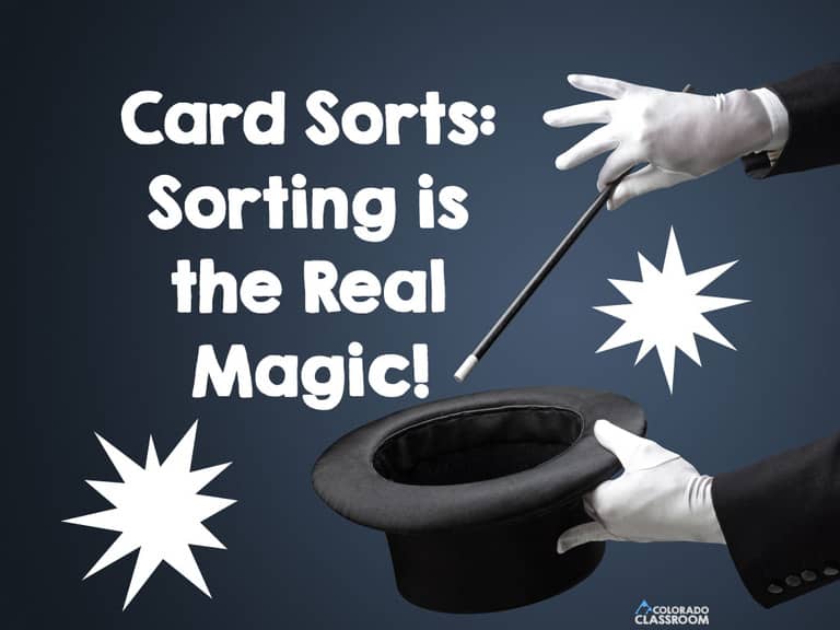 Text "Card Sorts: Sorting is the Real Magic!" with a magician's hat and wand, and two starbursts.