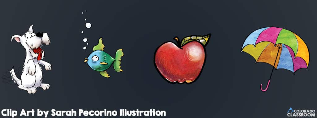 Clip art of a dog, a fish, an apple, and an umbrella with the text "Clip Art by Sarah Pecorino Illustration"