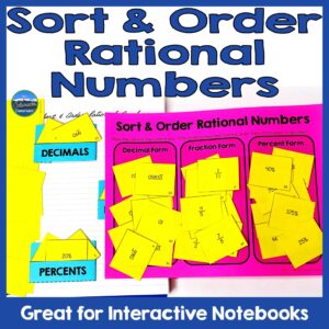 Text "Sort & Order Rational Numbers" with two photos of card sorts. One card sort is in a notebook with pockets, and one card sort is on a game mat.