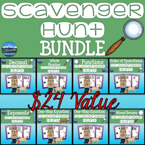 6th Grade mathematics Scavenger hunt bundle cover shows the covers from 8 different scavenger hunts.