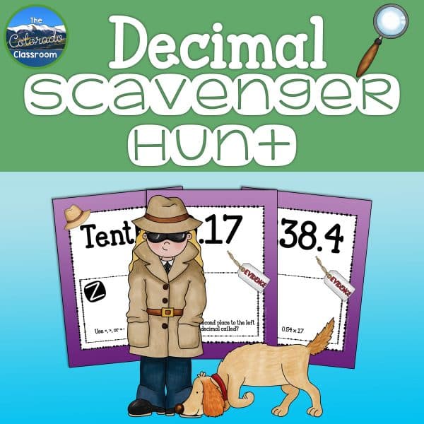 "Decimal Scavenger Hunt" with 3 jpeg images and a child detective with their crime-fighting dog.