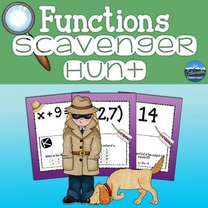 Functions scavenger hunt math game cover with child detective and snooping dog.