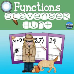 Functions scavenger hunt math game cover with child detective and snooping dog.