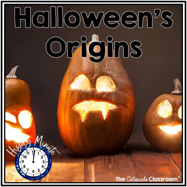 Three carved pumpkins on a wood floor with the text "Halloween's Origins" on top for the Origins of Halloween Reading Activity