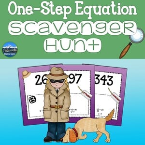 One-Step Equations scavenger hunt math game cover with child detective and snooping dog.