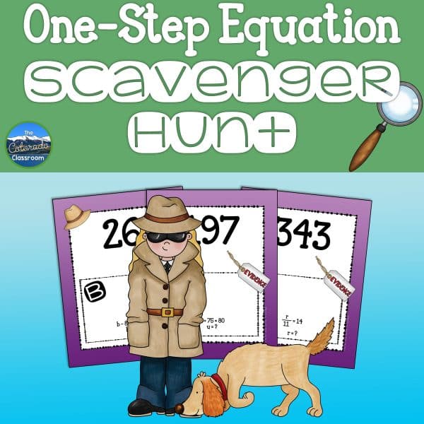 One-Step Equations scavenger hunt math game cover with child detective and snooping dog.