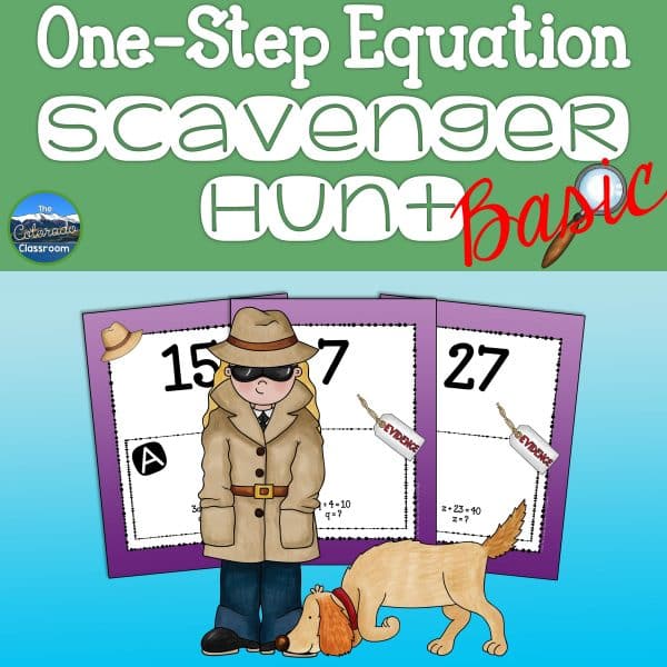 One-Step Equations Basic scavenger hunt math game cover with child detective and snooping dog.