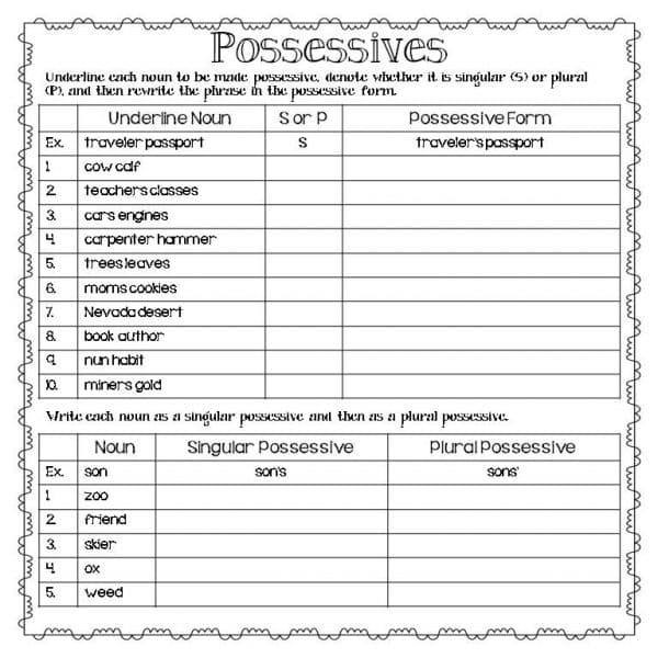 Possessive Nouns Worksheet 1