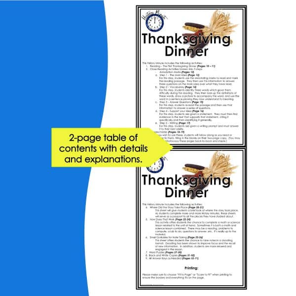 First Thanksgiving table of contents - two pages.