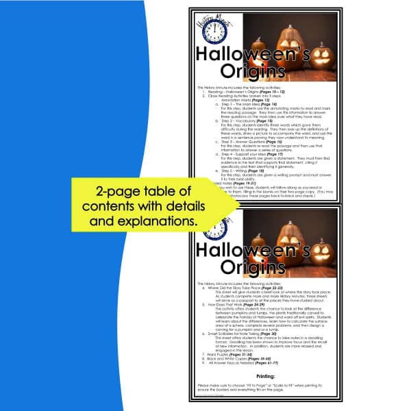 Two pictures of the table of contents from the Origins of Halloween Reading Activity History Minute