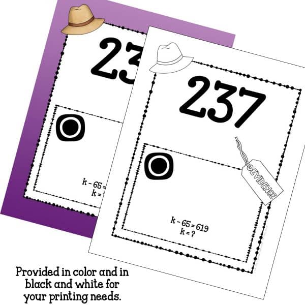 One-step equations scavenger hunt math game example of a color page and a black and white page.