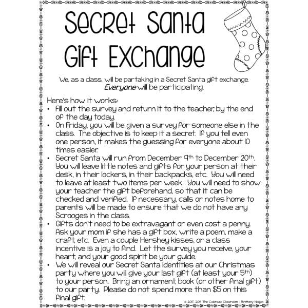 Secret Santa Forms & Holiday Party Forms Gift Exchange Directions Page