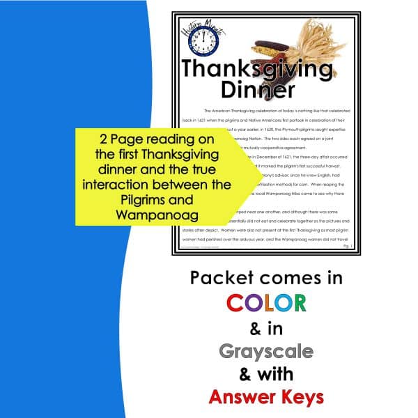 First Thanksgiving reading activity with text explaining what the reading is about.