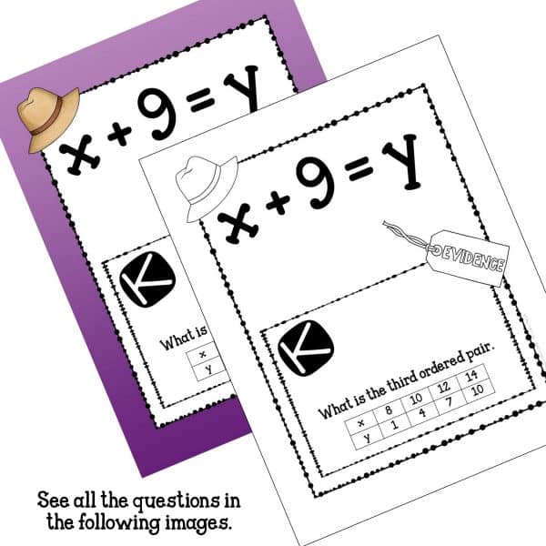 Functions scavenger hunt math game with a black and white and color sample.
