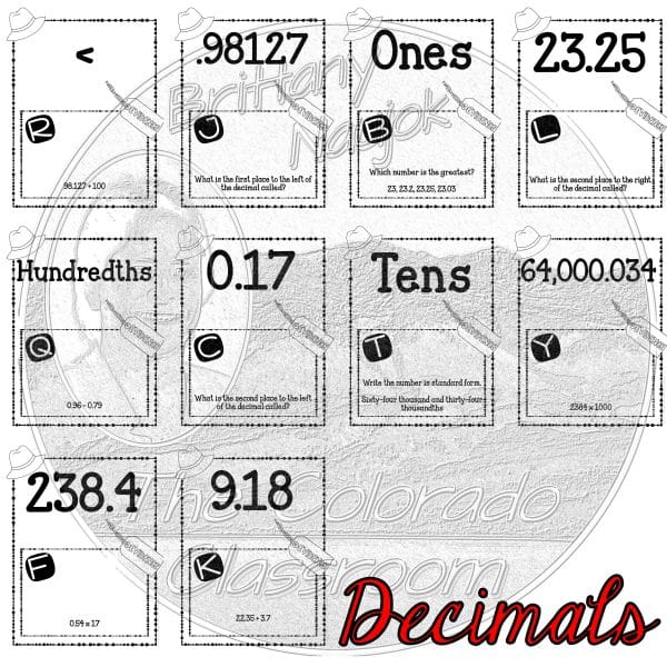 6th Grade Mathematics scavenger hunt last 10 problems in black and white - decimals.