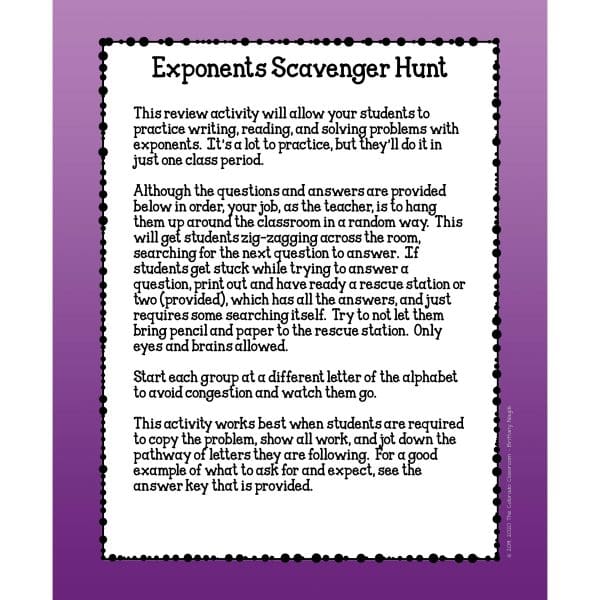 Exponents scavenger hunt math game with sample of directions page.