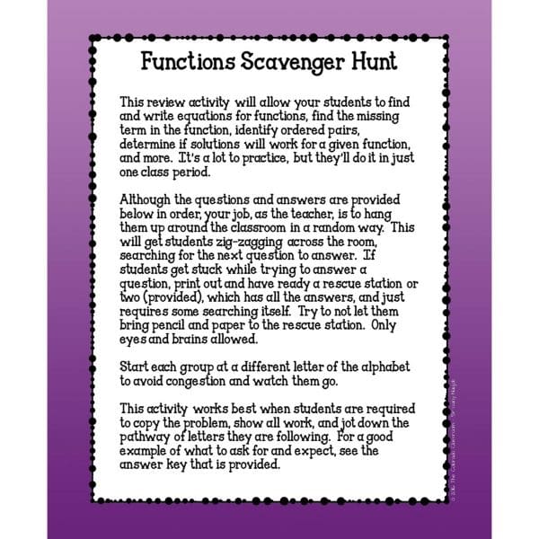 Functions scavenger hunt math game with a sample of the teacher directions page.