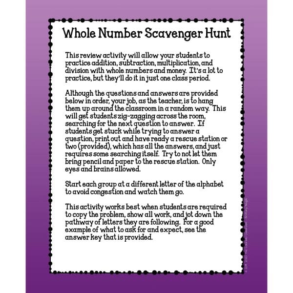 Whole number scavenger hunt example page of the teacher directions.