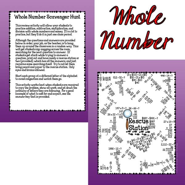 6th Grade Mathematics scavenger hunt whole numbers directions and rescue station.