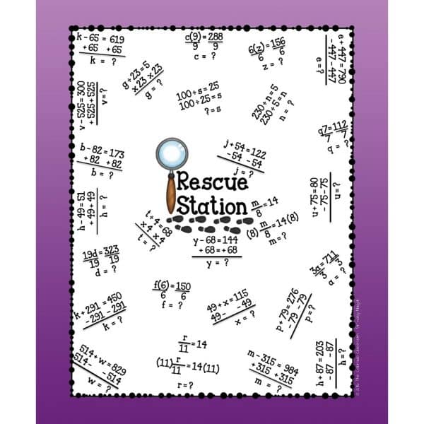 One-step equations scavenger hunt math game example of the rescue station.