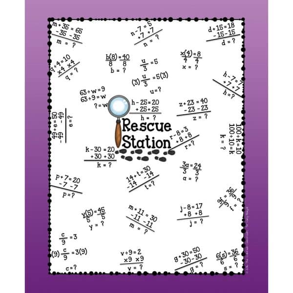 One-step equations basic scavenger hunt math game example of the rescue station.