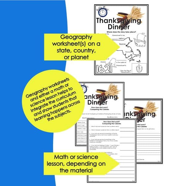 Thanksgiving math and geography pages presented as jpegs