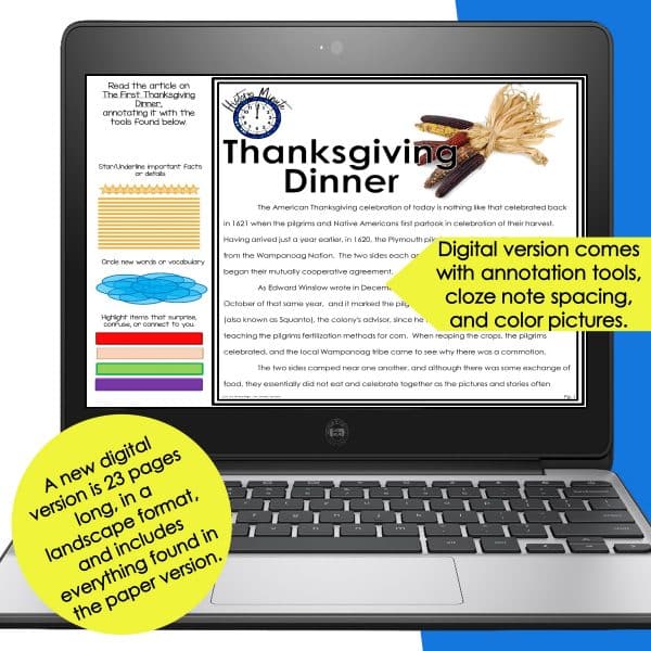 Thanksgiving reading passage as presented digitally in a mock-up.