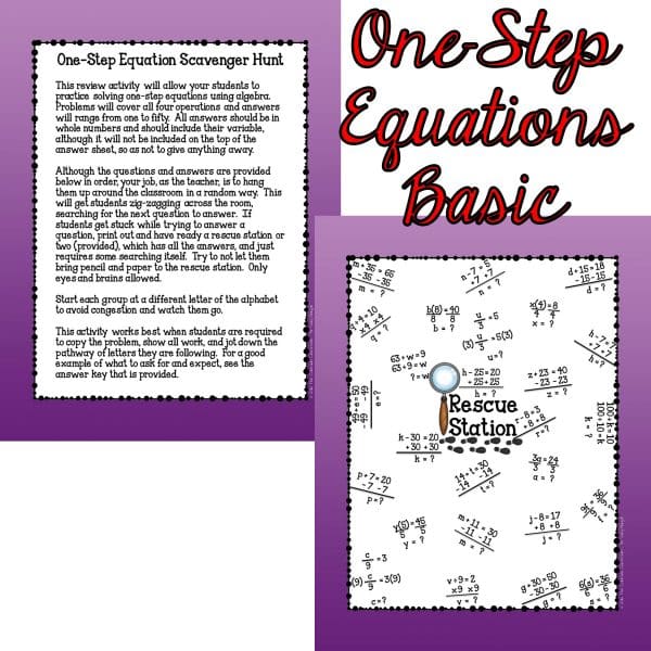 6th Grade Mathematics scavenger hunt one step basic equations directions and rescue station.