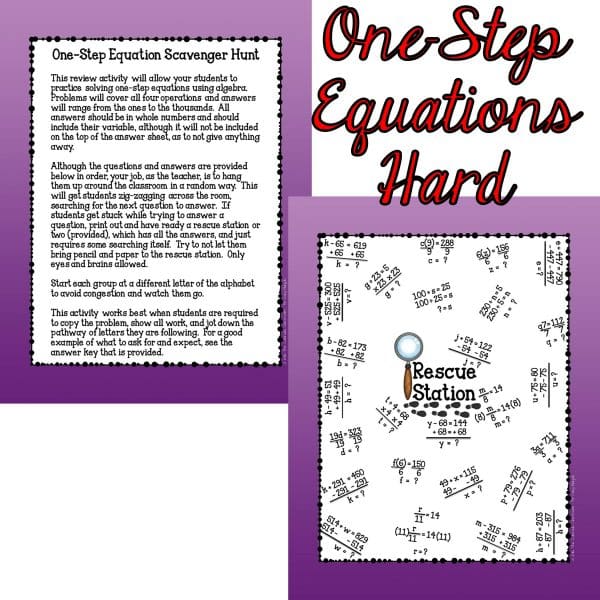 6th Grade Mathematics scavenger hunt one step equations hard directions and rescue station.